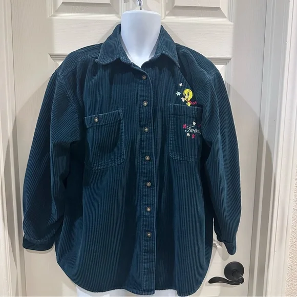 Looney Tunes Vintage Embroidered Tweety Bird Green Corduroy Shirt XL - Picture 1 of 10